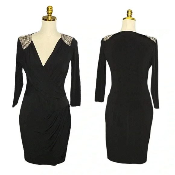 CACHE | Black Faux Wrap Shoulder Embedded Ruched Cocktail Mini Dress Size S - Picture 6 of 10